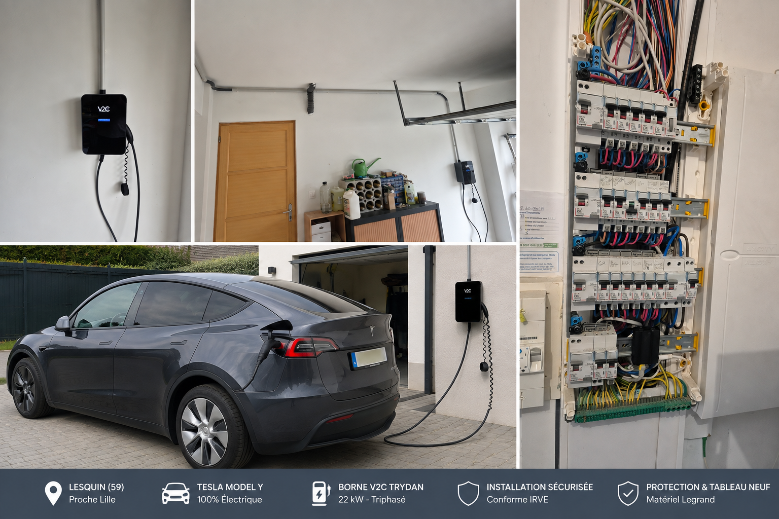 Installation borne de recharge V2C Trydan à Lesquin pour Tesla Model Y