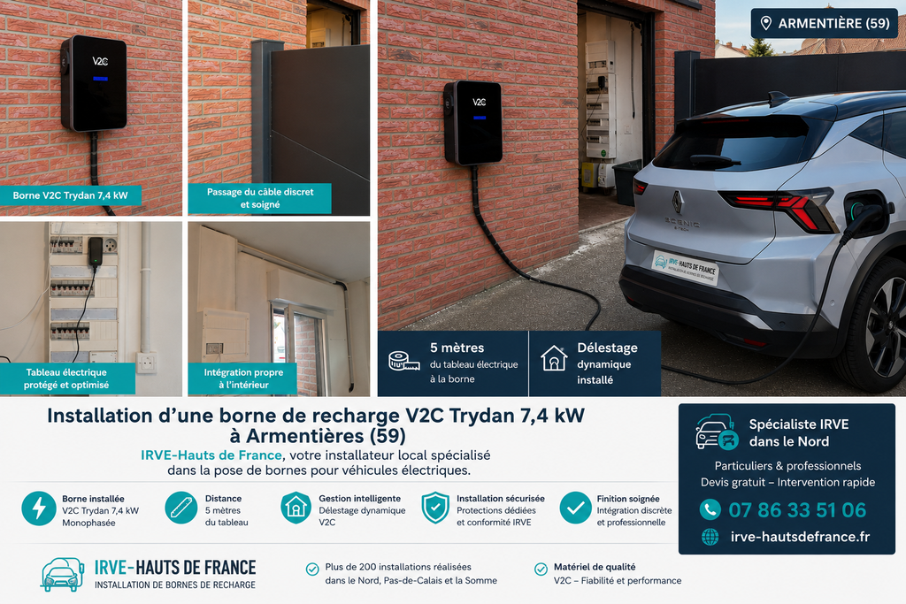 Installation borne V2C Trydan 7,4 kW à Armentières pour Renault Scenic E-Tech – IRVE-Hauts de France