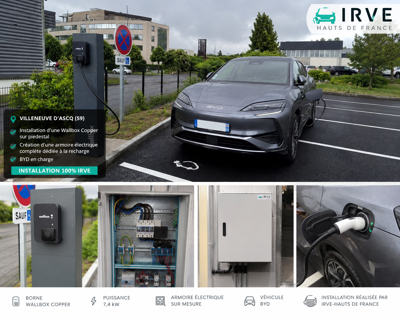 Installation Wallbox Copper sur piédestal à Villeneuve-d'Ascq avec armoire électrique dédiée pour recharge BYD