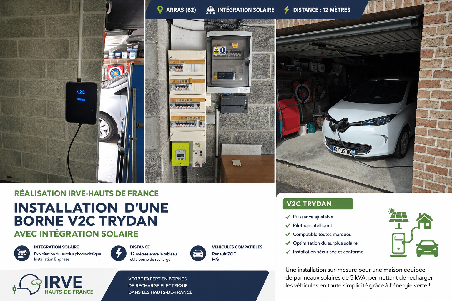 Installation borne V2C Trydan avec intégration solaire à Arras pour Renault ZOE et MG
