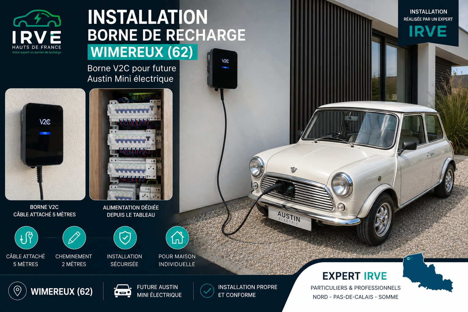 Installation d'une borne de recharge V2C Trydan à Wimereux pour une future Mini électrique