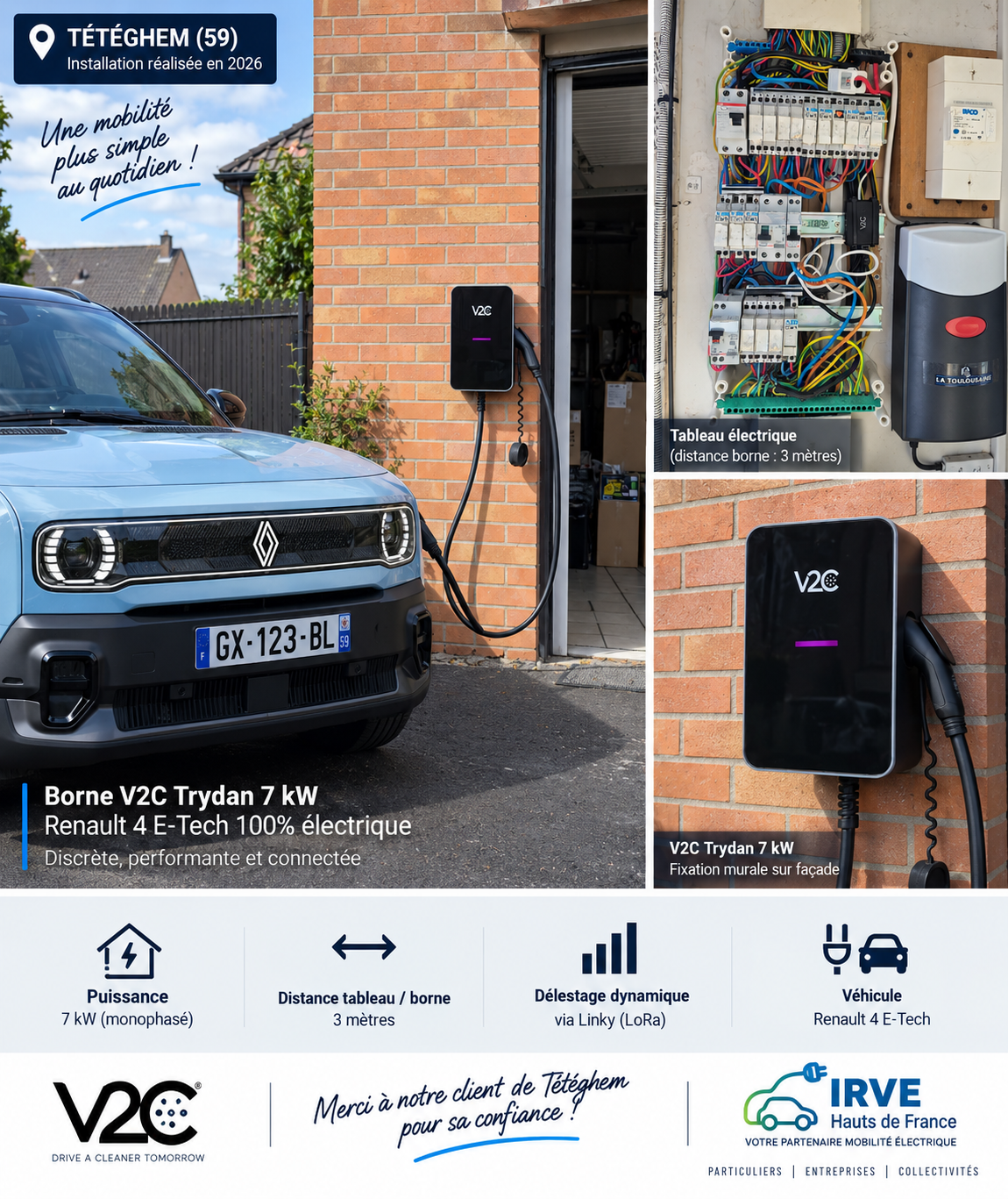 Installation V2C Trydan 7 kW à Téteghem avec Renault 4 électrique